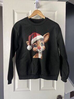 Shein Black Christmas Reindeer Sweatshirt Santa Hat Holiday Crewneck Small